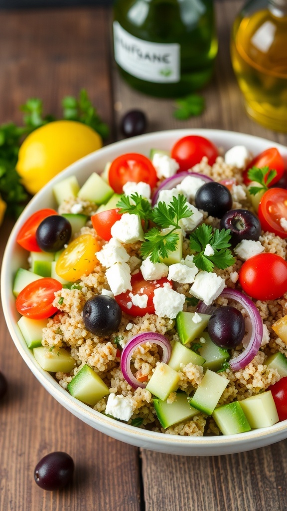 A colorful quinoa Greek salad with cucumbers, tomatoes, olives, and feta cheese on a wooden table.